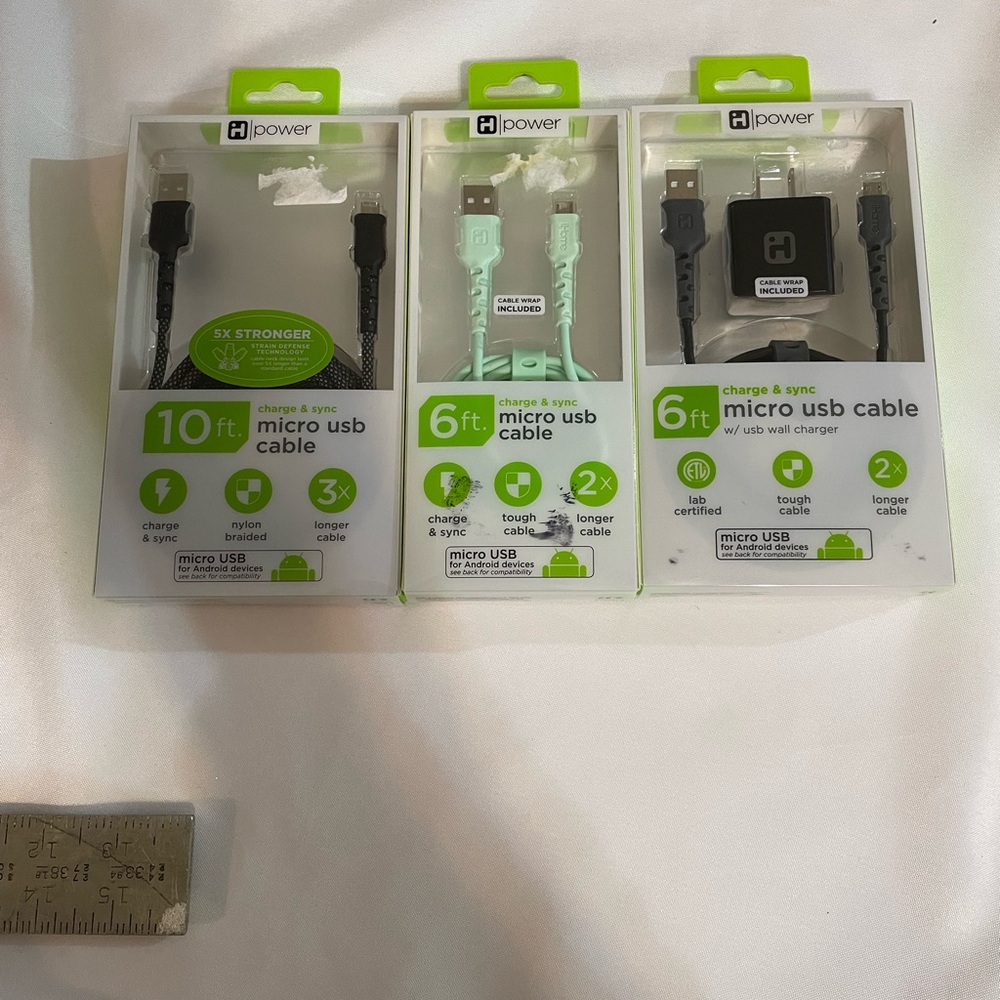 iHOME MICRO USB CABLE CORDS 3 packs‎ 2 6 FT and 1 10 FT for Android devices NWT.